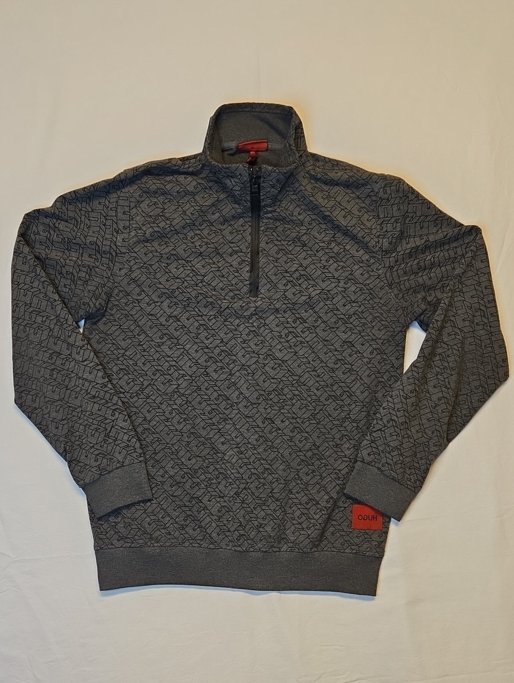 Hugo Boss Gray & Black Quarter Zip 3D Spellout AOP Lightweight Collar Sweater